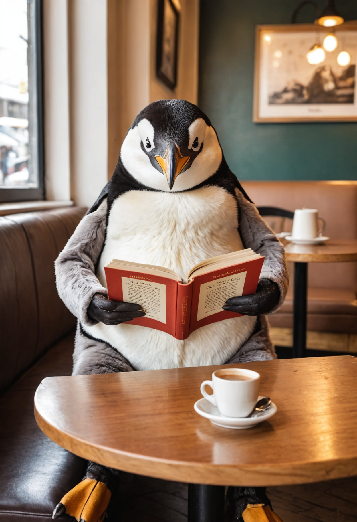 00131-Cinematic photo of an anthropomorphic penguin sitting in a cafe reading a book and having a coffee._.png